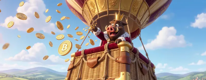 Kingia uitbetaling: everzwijn in een luchtballon met munten en Bitcoin