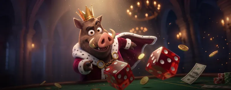 Kingia live casino: everzwijn met kroon gooit rode dobbelstenen aan de speltafel